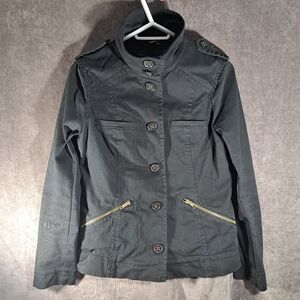 H&M Black Denim Button Up Front Military Jacket Large Buttons + 4 Pockets VG 12